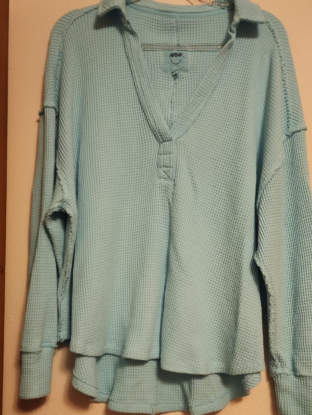 aerie Pale Blue Textured Henley Top
